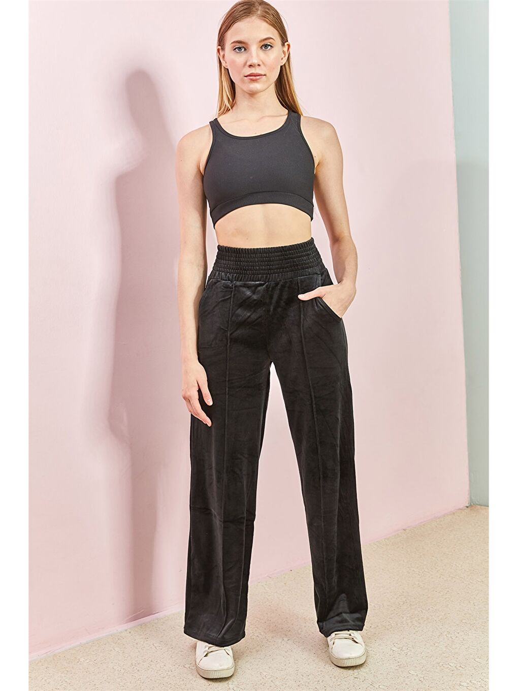 Siyah Beli Lastikli Düz Kadife Kadın Eşofman Altı-2