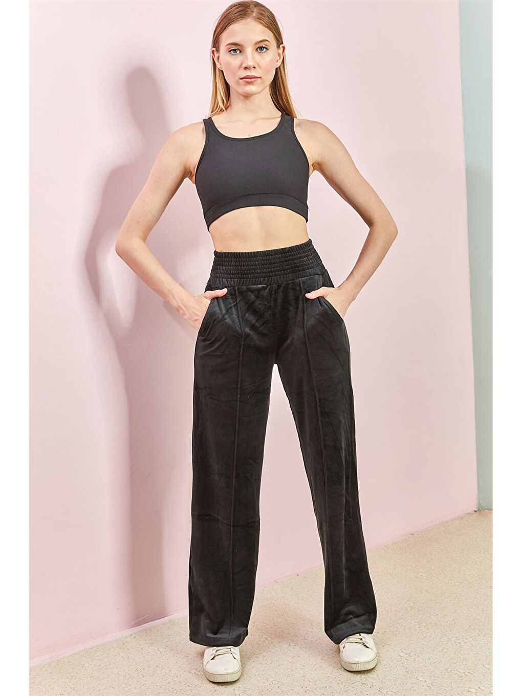 Siyah Beli Lastikli Düz Kadife Kadın Eşofman Altı-3