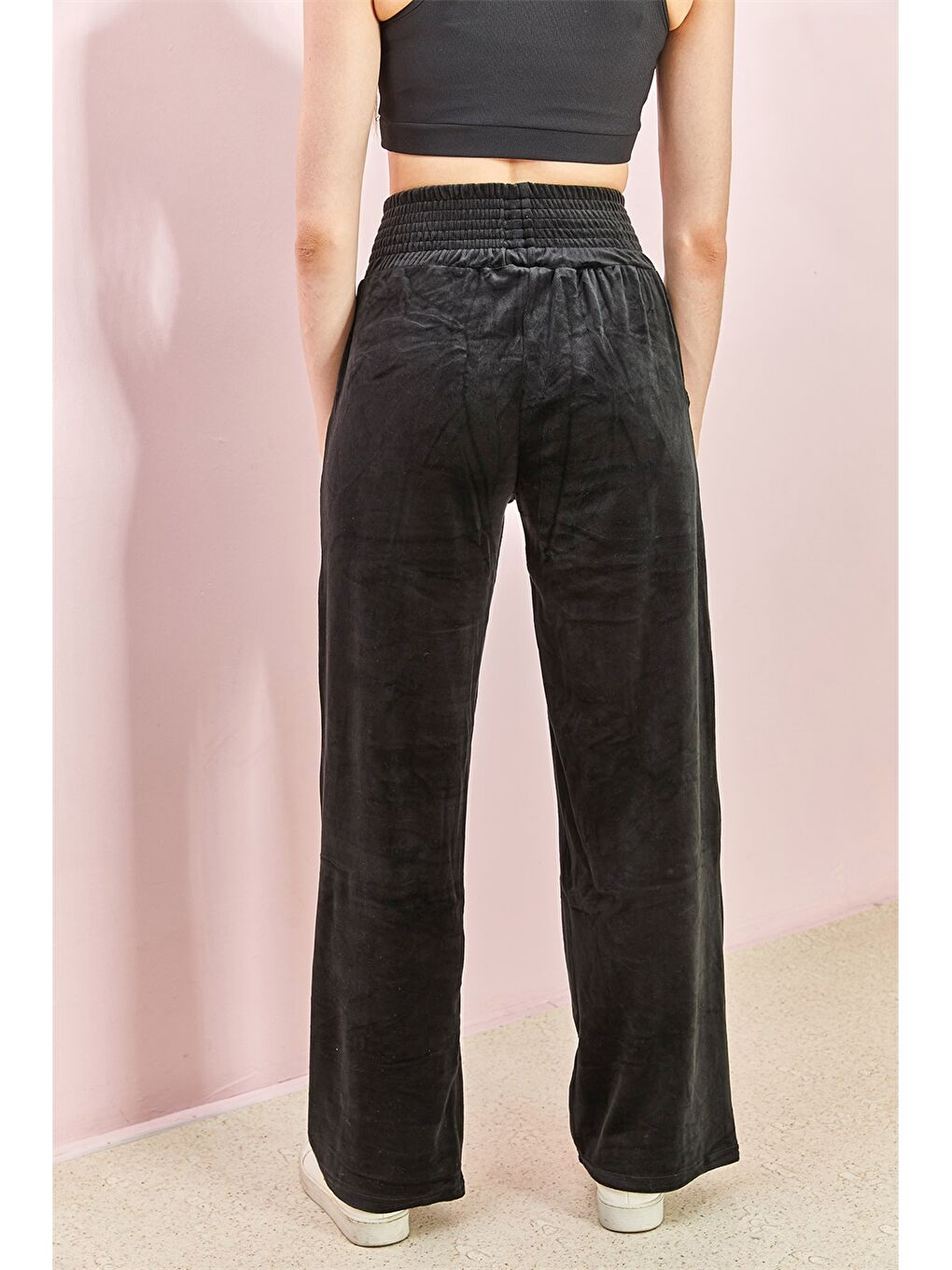 Siyah Beli Lastikli Düz Kadife Kadın Eşofman Altı-4