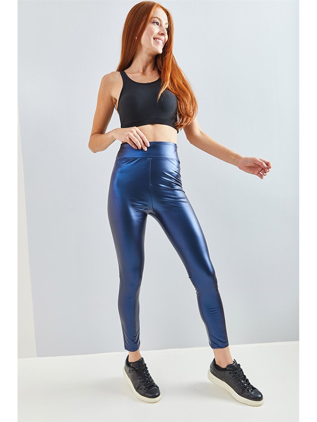 Lacivert Düz Suni Deri Kadın Tayt-2