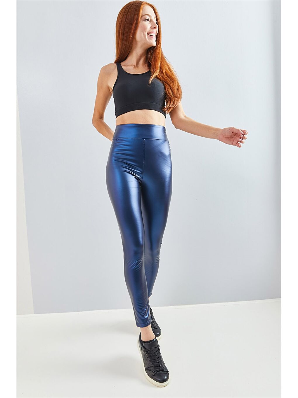 Lacivert Düz Suni Deri Kadın Tayt-3