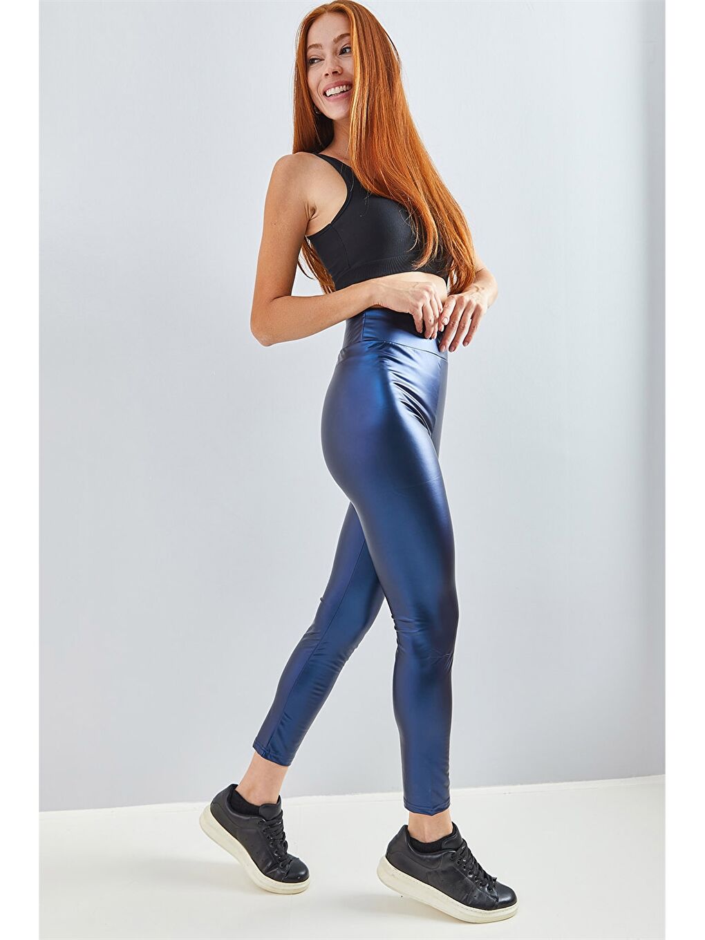 Lacivert Düz Suni Deri Kadın Tayt-4