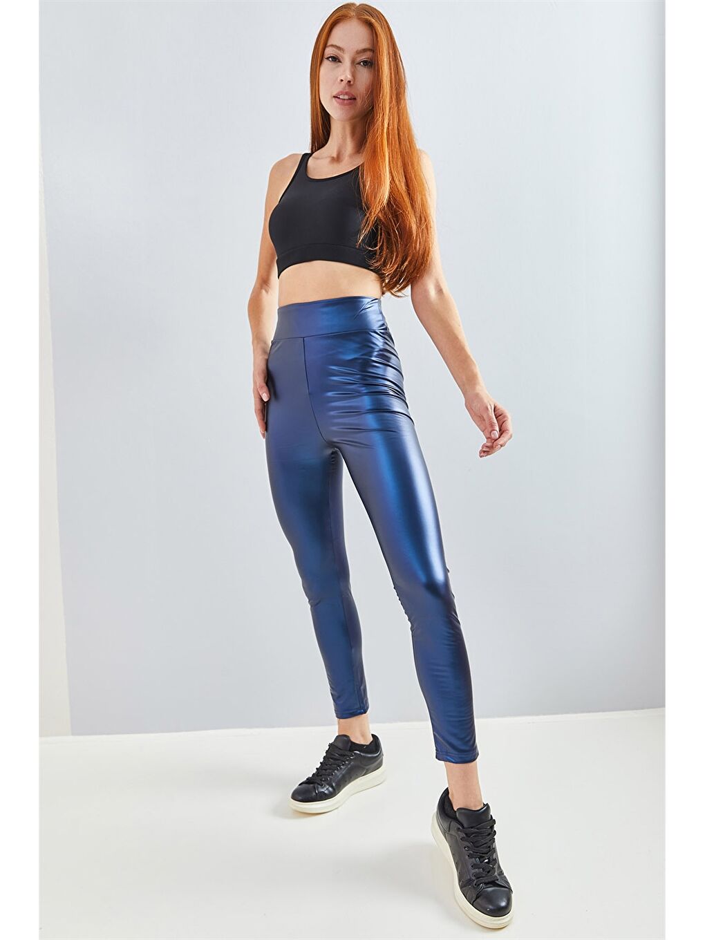 Lacivert Düz Suni Deri Kadın Tayt-6