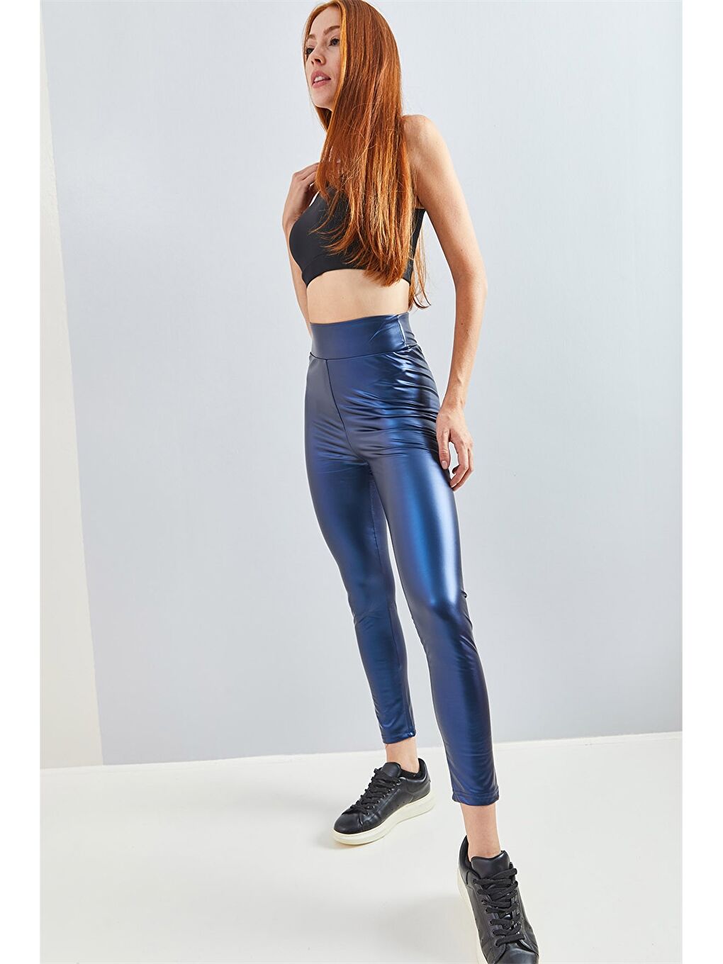 Lacivert Düz Suni Deri Kadın Tayt-7