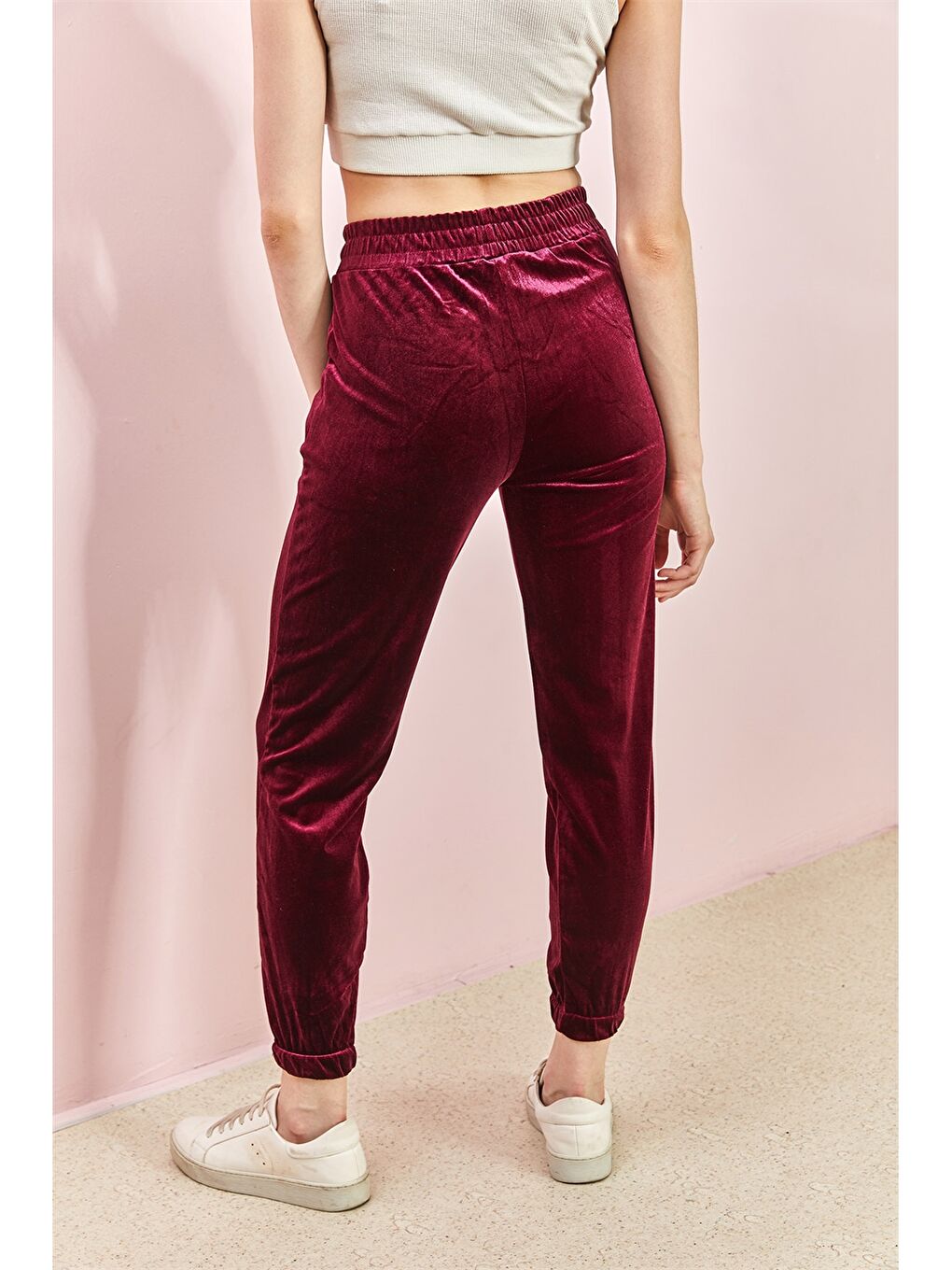 Bordo Beli Lastikli Düz Kadife Kadın Eşofman Altı-2