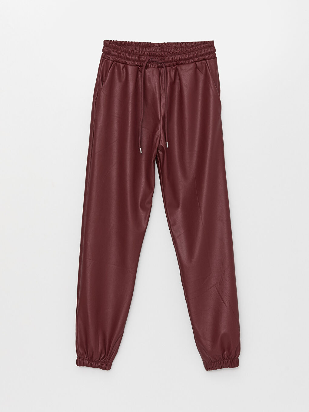 Bordo Standart Fit Düz Deri Görünümlü Kadın Jogger Pantolon-5