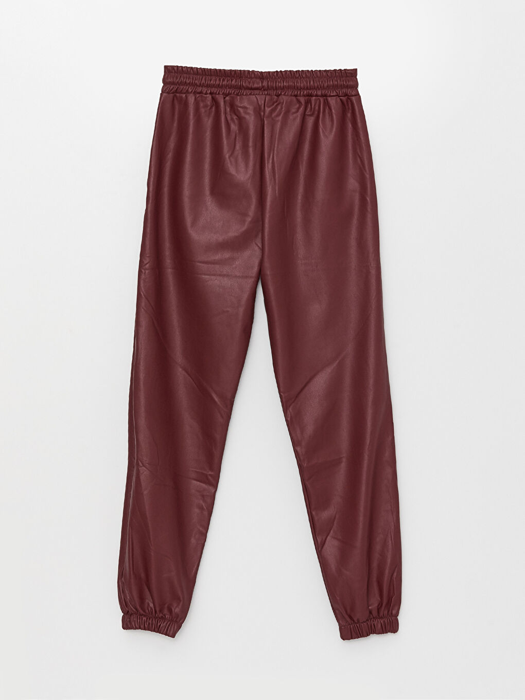 Bordo Standart Fit Düz Deri Görünümlü Kadın Jogger Pantolon-6
