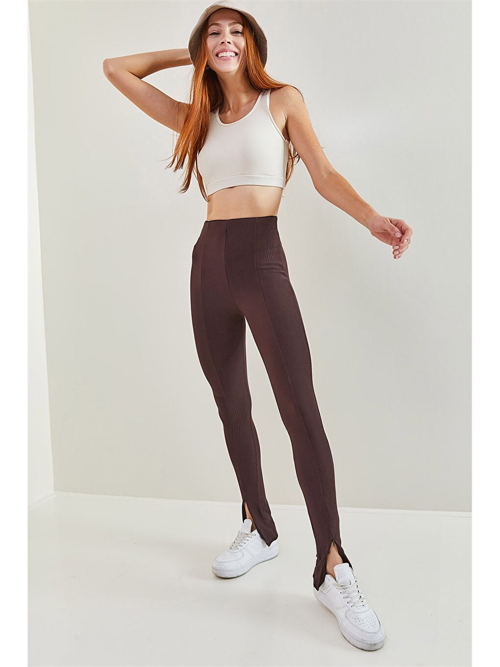 Kahverengi Kadın Standart Fit Düz Tayt Pantolon