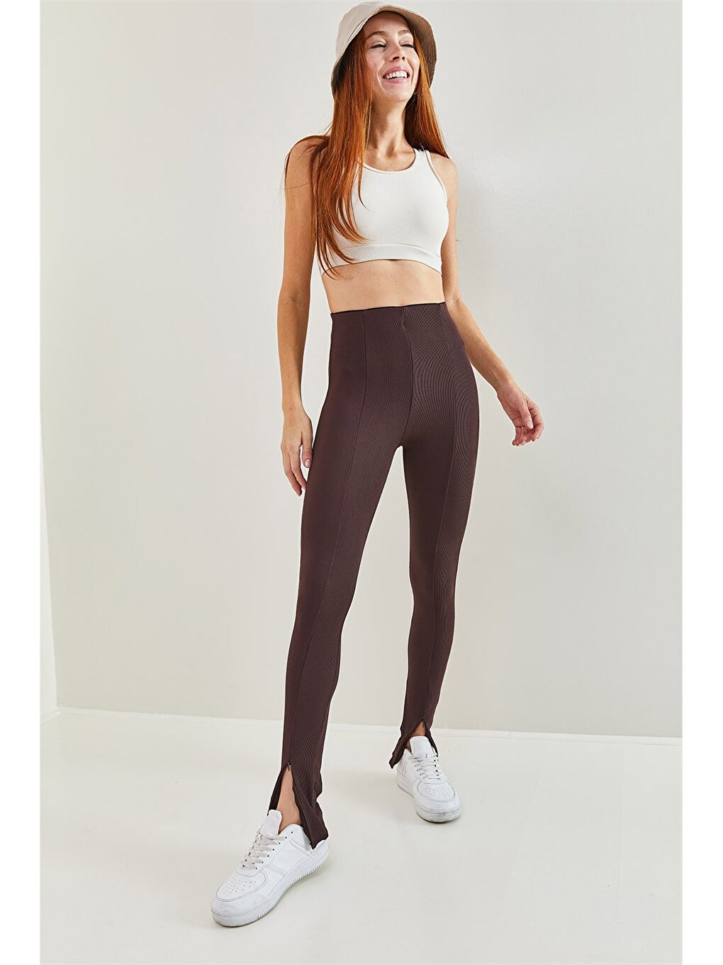 Kahverengi Kadın Standart Fit Düz Tayt Pantolon-1