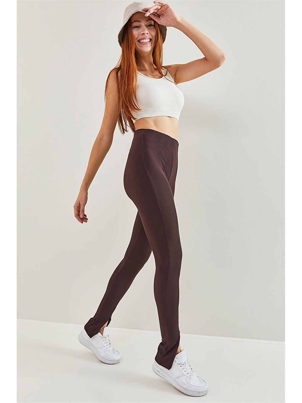 Kahverengi Kadın Standart Fit Düz Tayt Pantolon-3