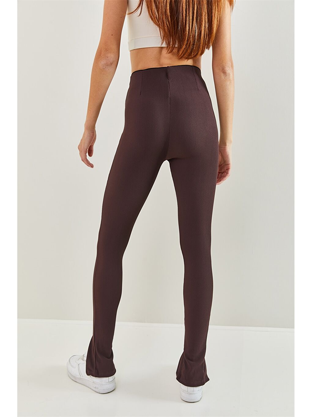 Kahverengi Kadın Standart Fit Düz Tayt Pantolon-4