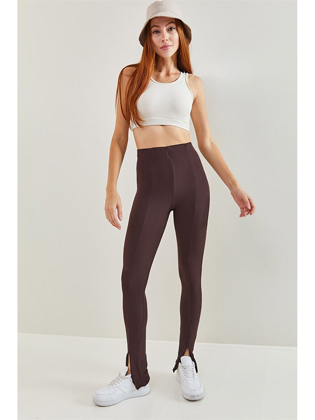 Kahverengi Kadın Standart Fit Düz Tayt Pantolon-5