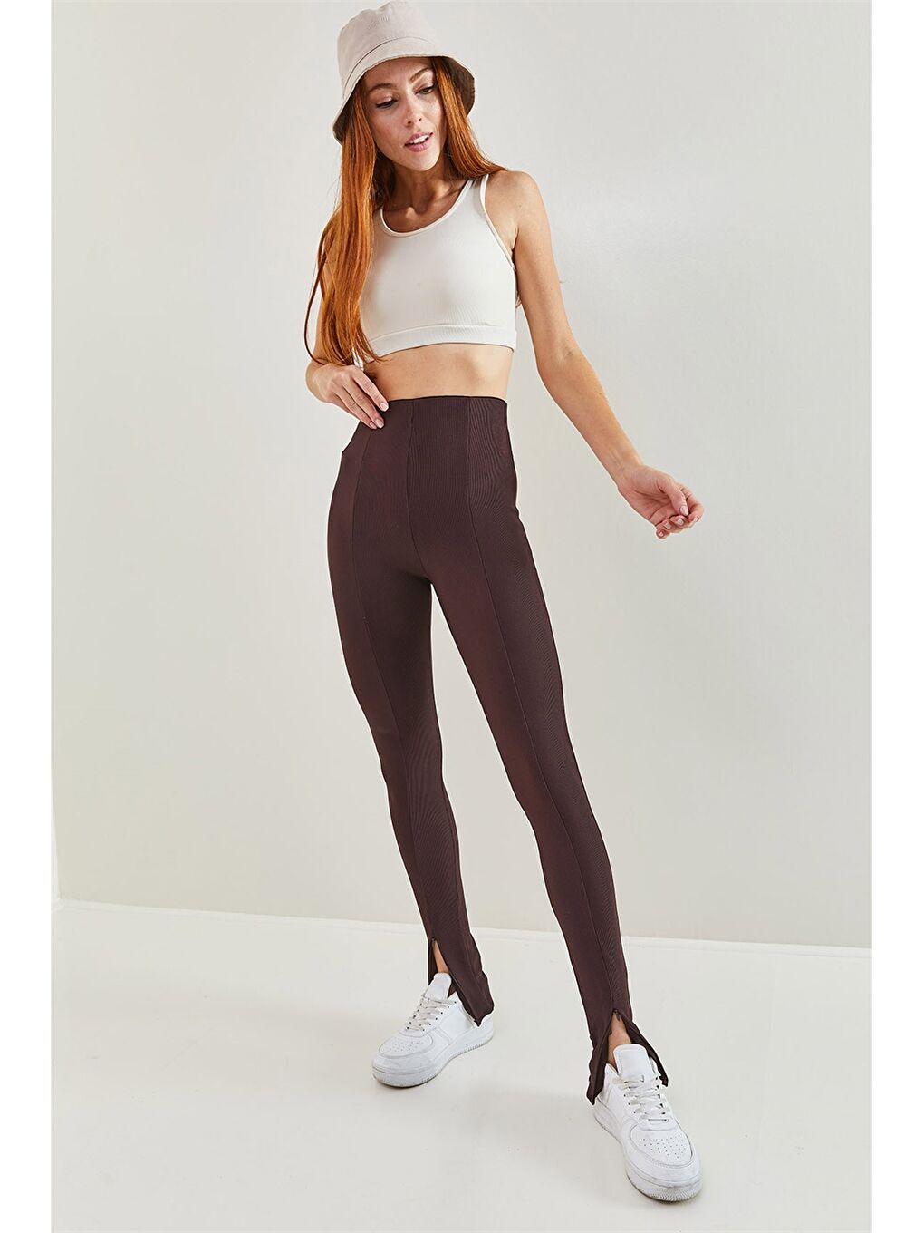 Kahverengi Kadın Standart Fit Düz Tayt Pantolon-6