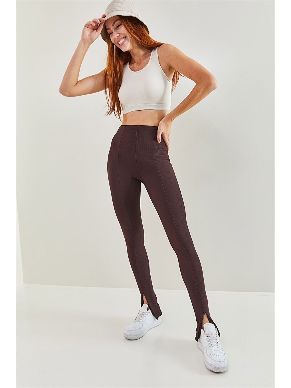 Kahverengi Kadın Standart Fit Düz Tayt Pantolon-7