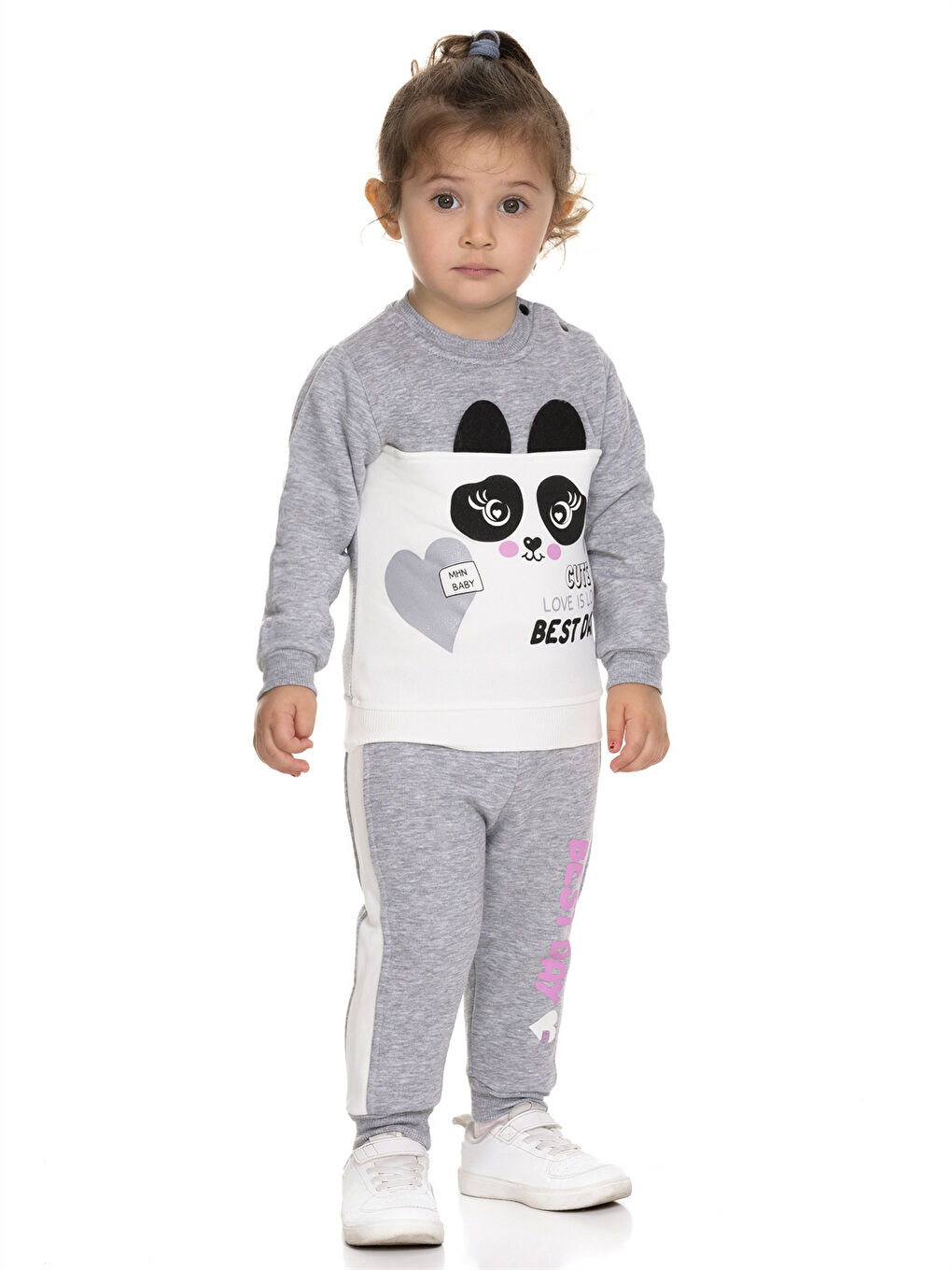 Gri Bisiklet Yaka Uzun Kollu Baskılı Kız Bebek Sweatshirt ve Eşofman Alt 2'li Takım