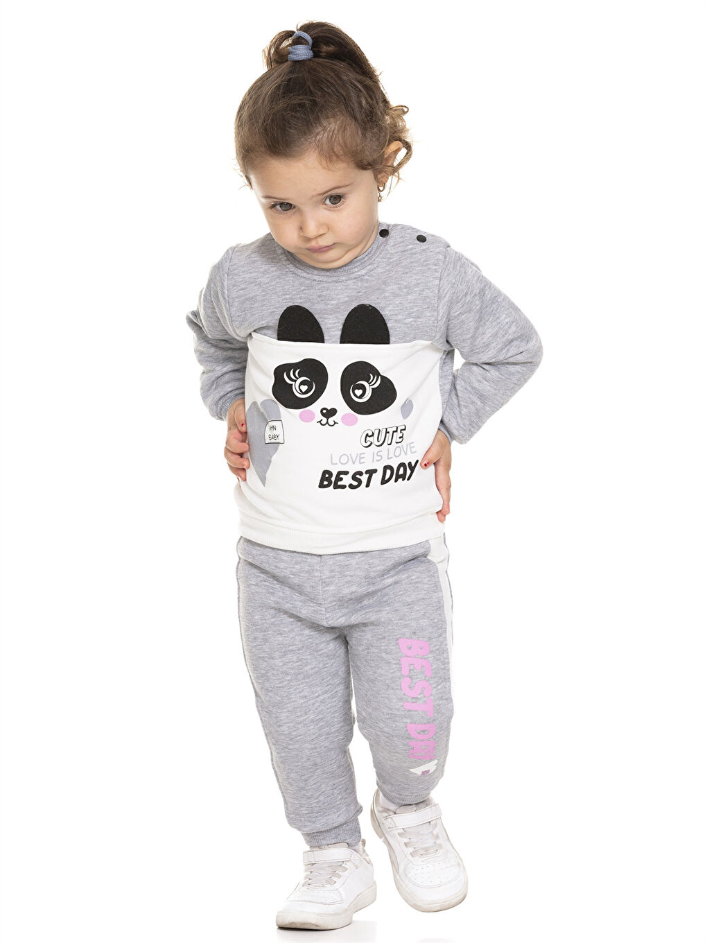 Gri Bisiklet Yaka Uzun Kollu Baskılı Kız Bebek Sweatshirt ve Eşofman Alt 2'li Takım-1