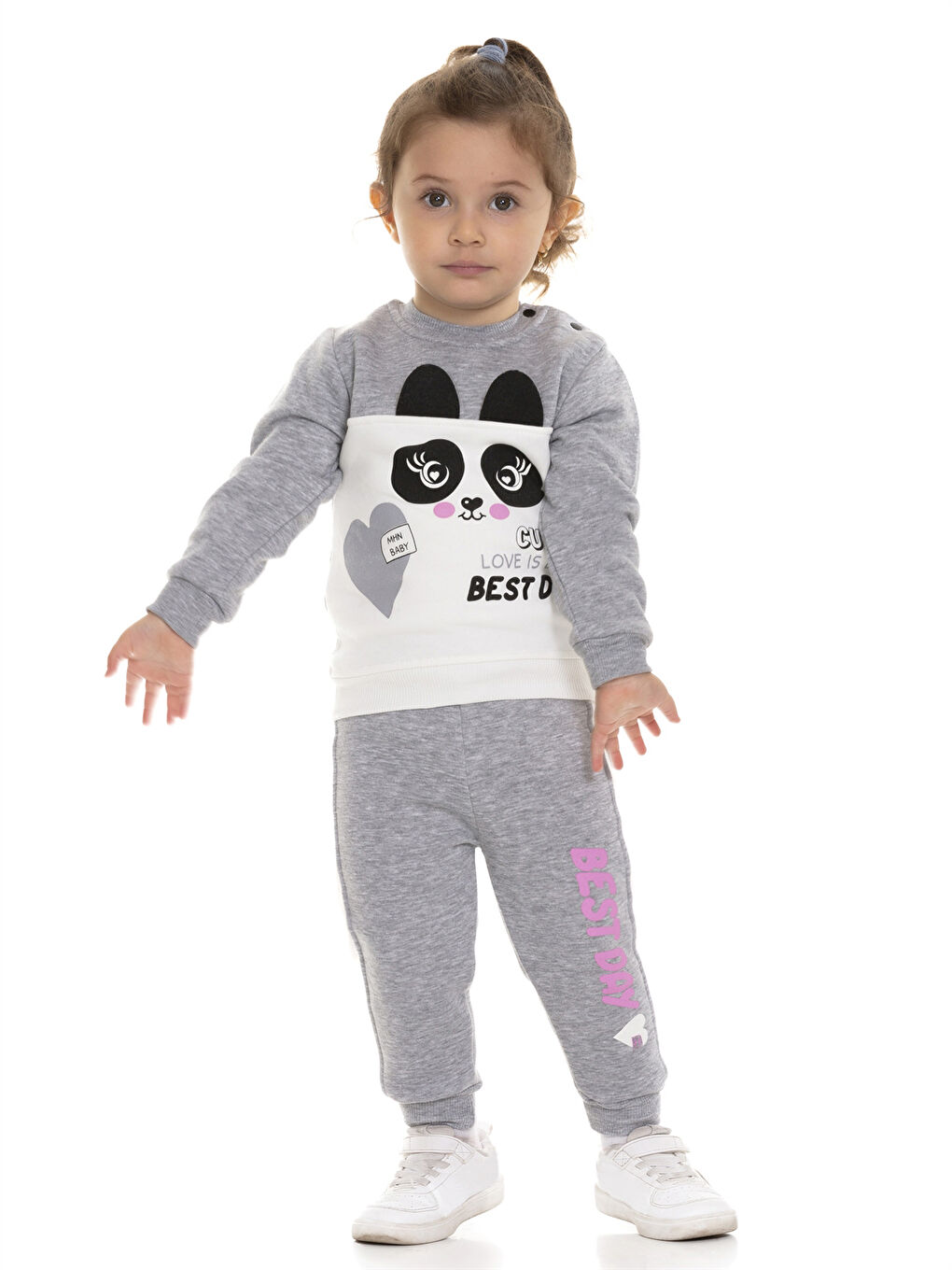 Gri Bisiklet Yaka Uzun Kollu Baskılı Kız Bebek Sweatshirt ve Eşofman Alt 2'li Takım-2