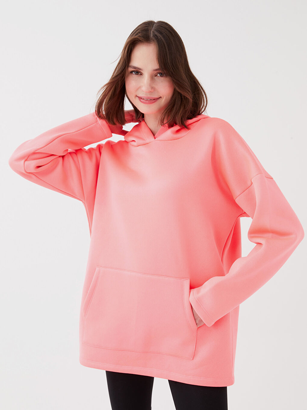 Pembe Kapüşonlu Düz Uzun Kollu Oversize Kadın Sweatshirt