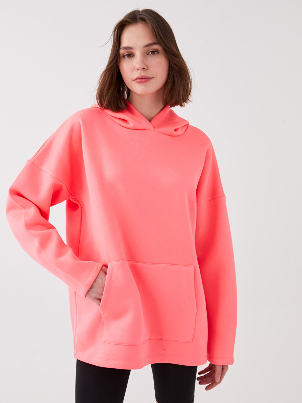 Pembe Kapüşonlu Düz Uzun Kollu Oversize Kadın Sweatshirt-1