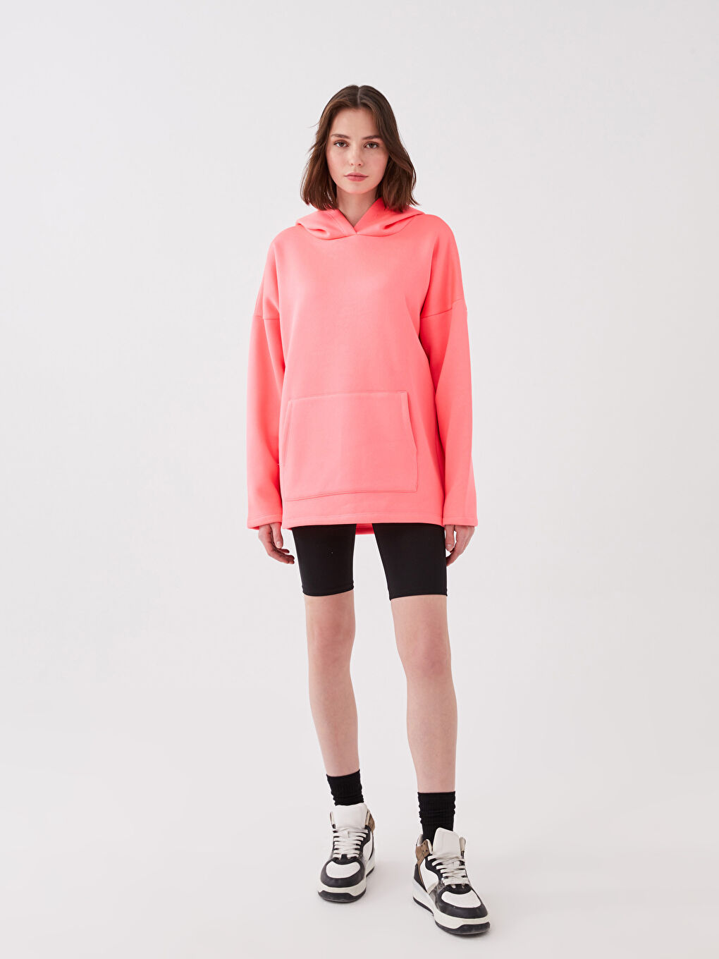Pembe Kapüşonlu Düz Uzun Kollu Oversize Kadın Sweatshirt-2