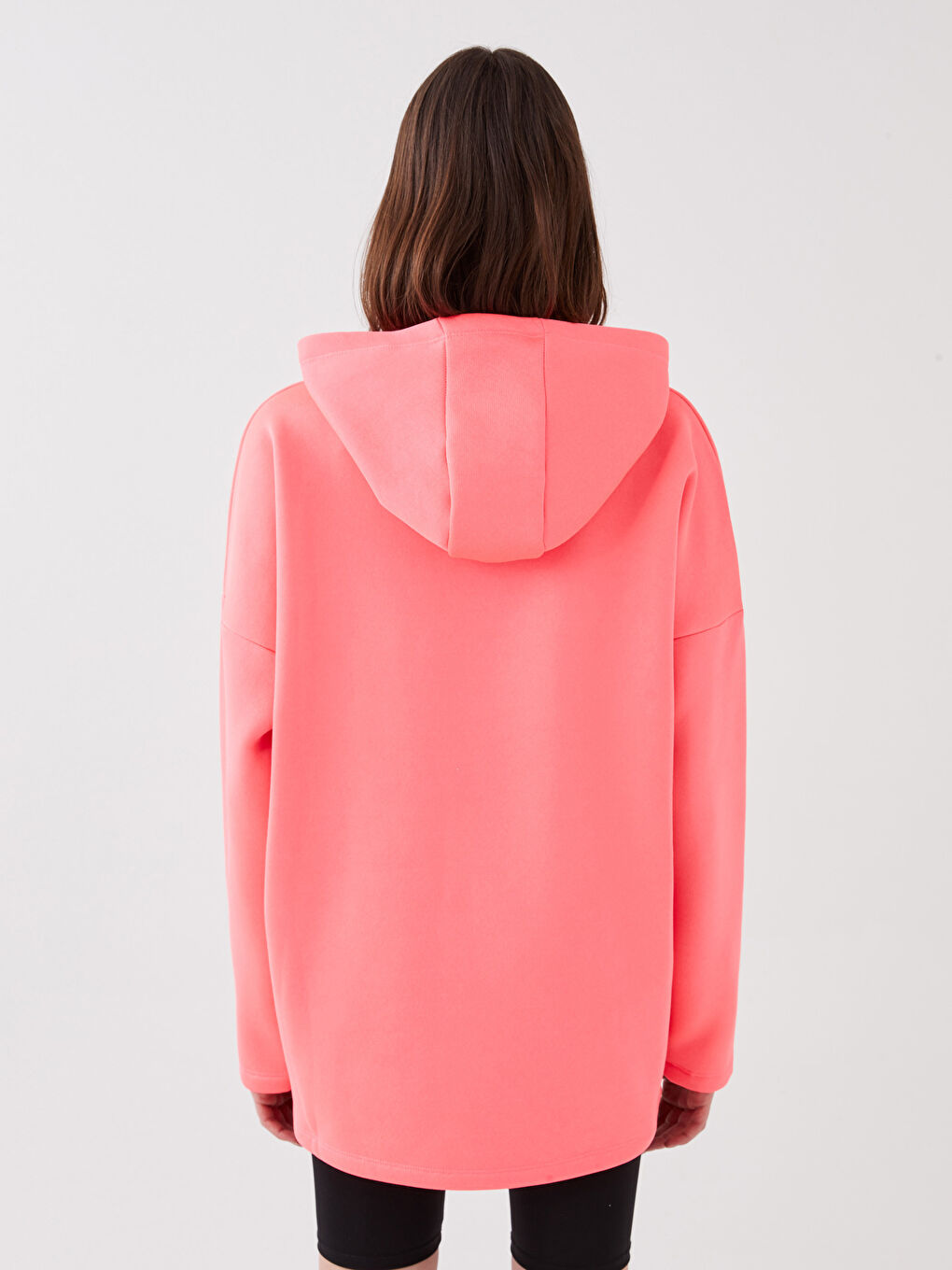 Pembe Kapüşonlu Düz Uzun Kollu Oversize Kadın Sweatshirt-3