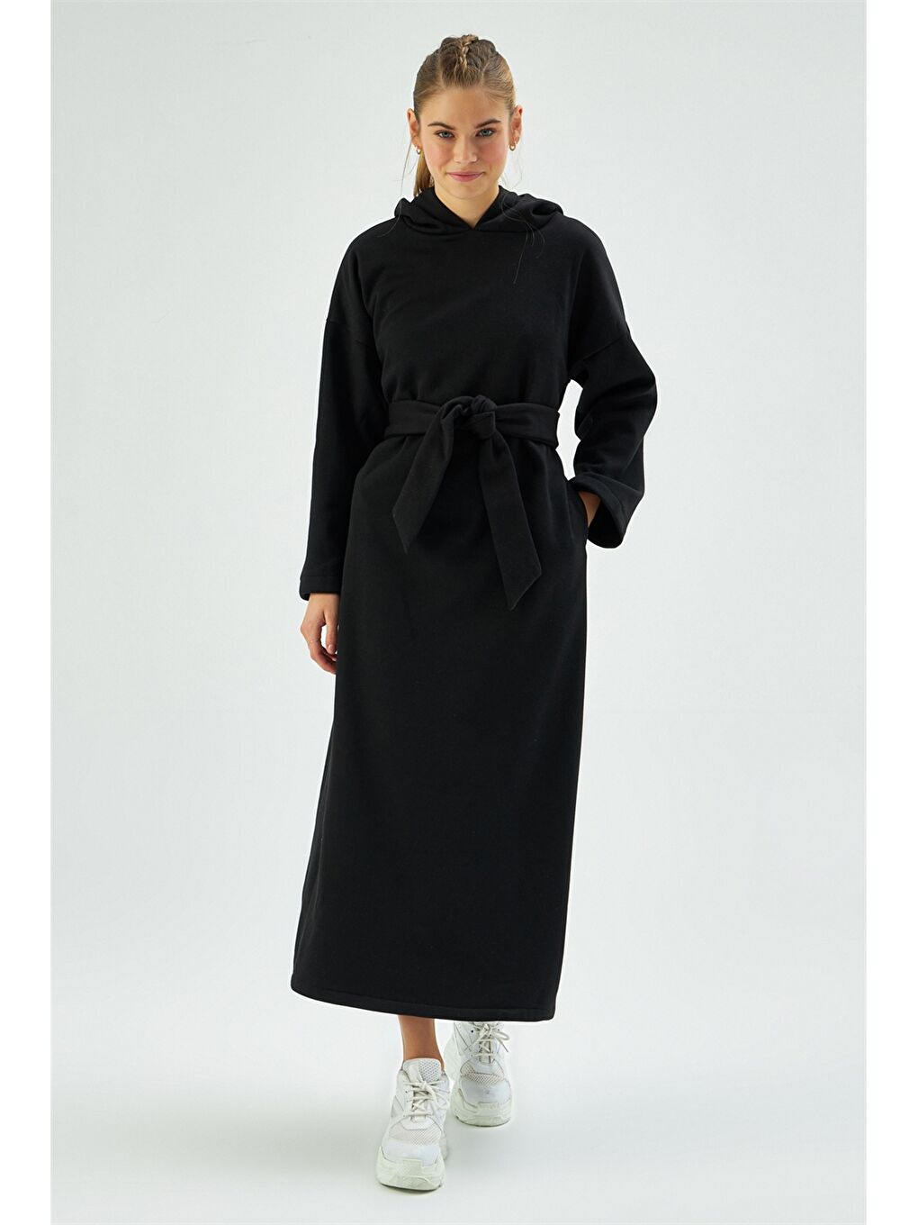 Siyah Kapüşonlu Düz Uzun Kollu Kadın Sweat Elbise