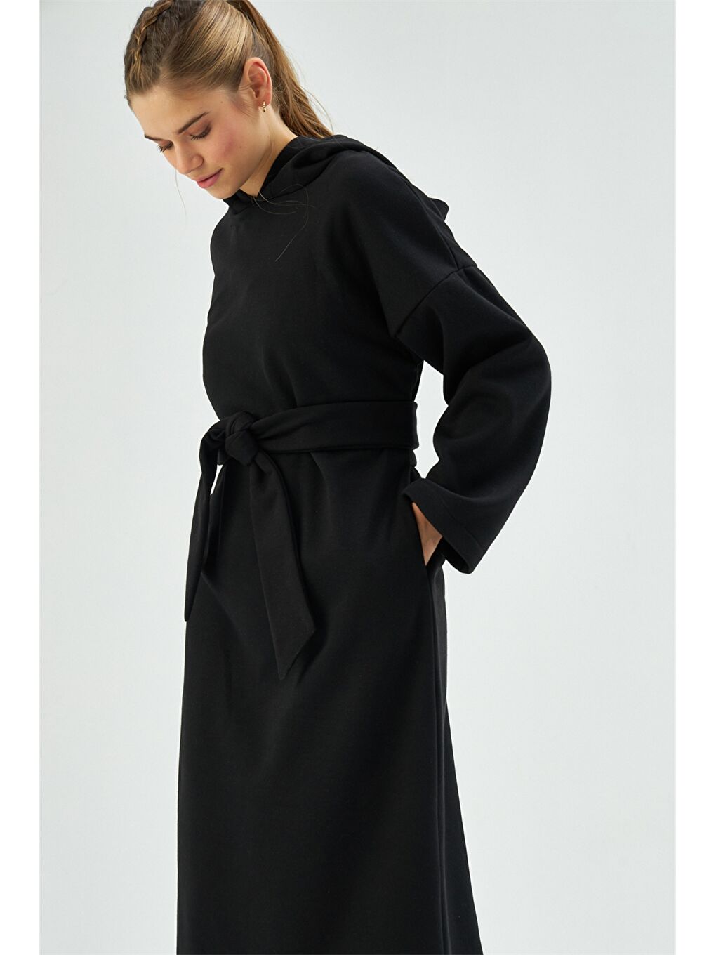 Siyah Kapüşonlu Düz Uzun Kollu Kadın Sweat Elbise-2