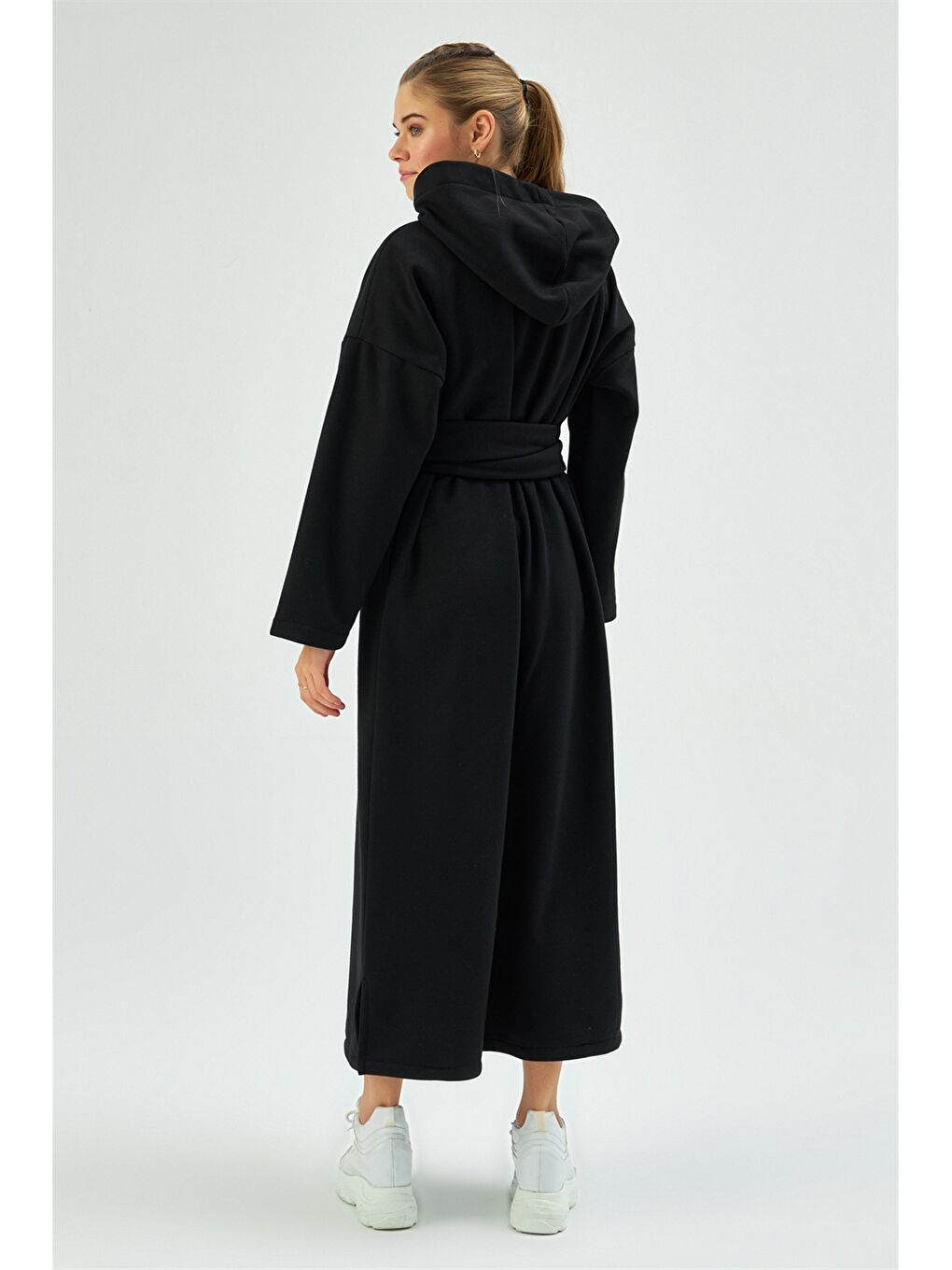 Siyah Kapüşonlu Düz Uzun Kollu Kadın Sweat Elbise-5