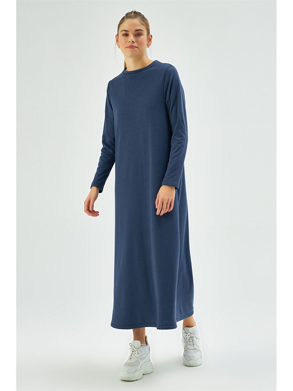 Lacivert Bisiklet Yaka Düz Uzun Kollu Kadın Elbise