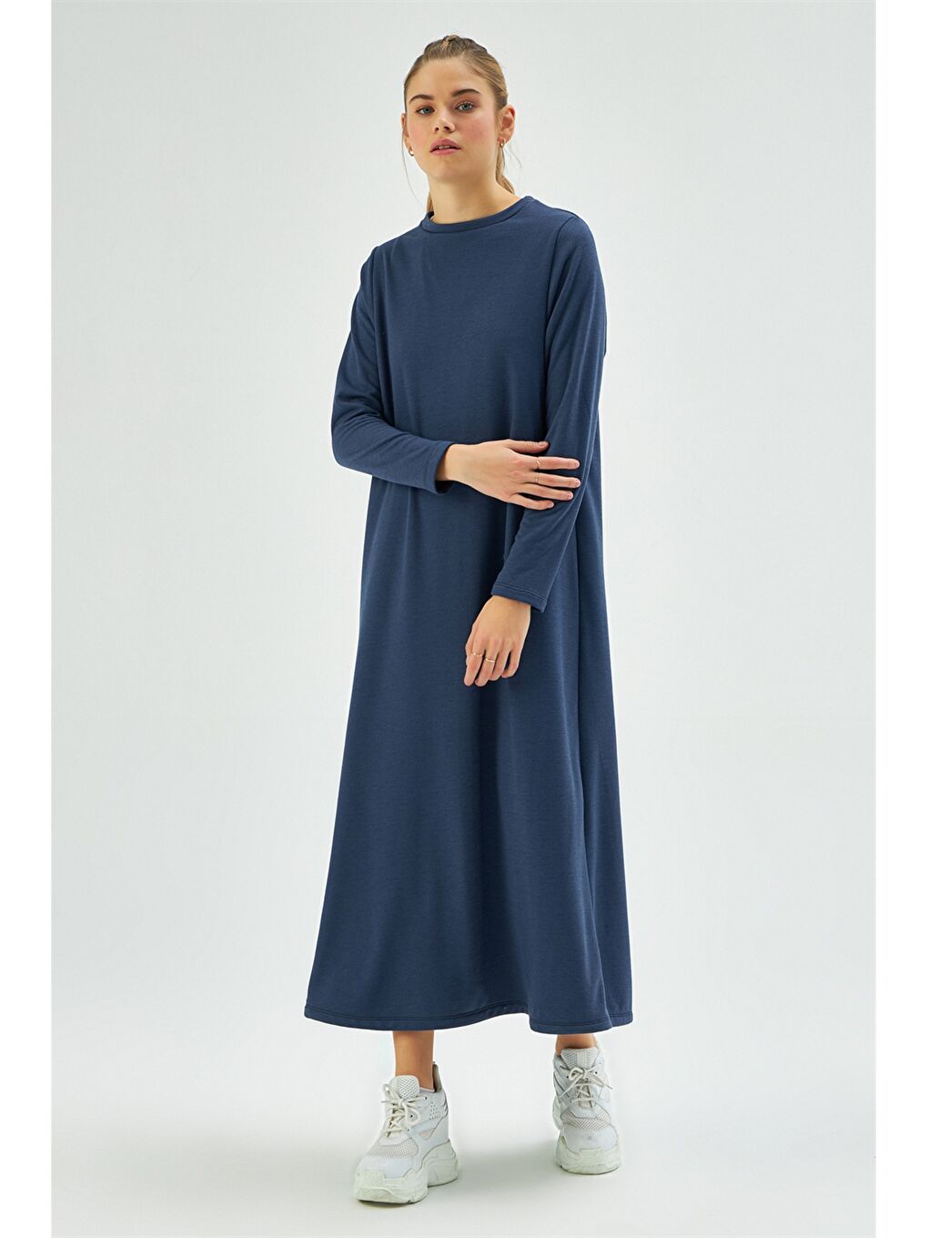 Lacivert Bisiklet Yaka Düz Uzun Kollu Kadın Elbise-1