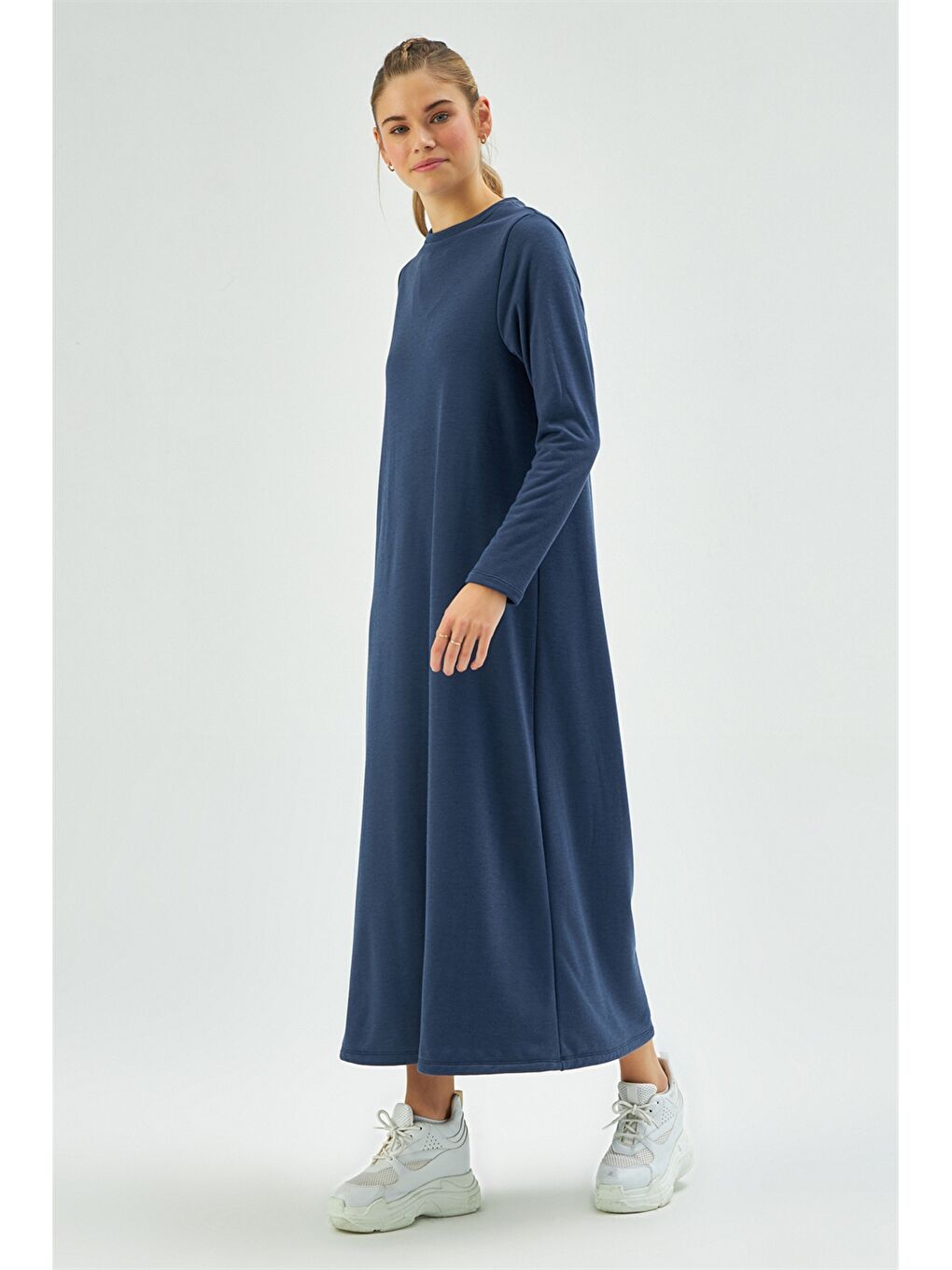 Lacivert Bisiklet Yaka Düz Uzun Kollu Kadın Elbise-2