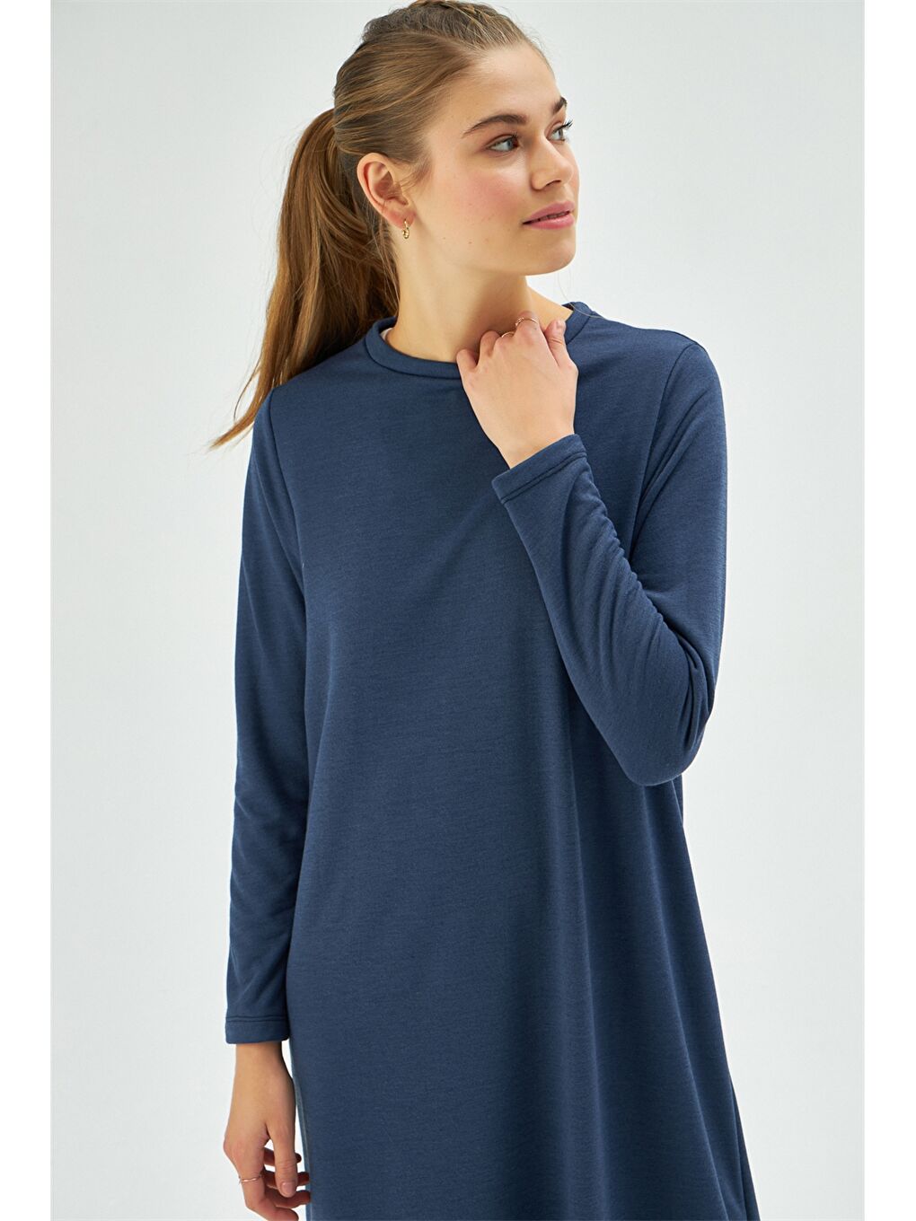 Lacivert Bisiklet Yaka Düz Uzun Kollu Kadın Elbise-3