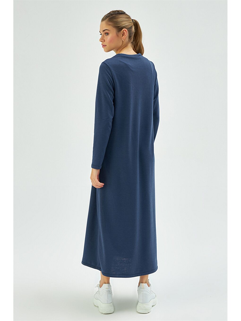 Lacivert Bisiklet Yaka Düz Uzun Kollu Kadın Elbise-4