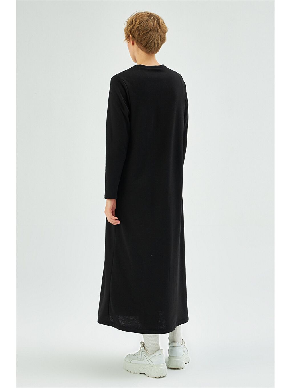 Siyah Bisiklet Yaka Düz Uzun Kollu Kadın Elbise-5