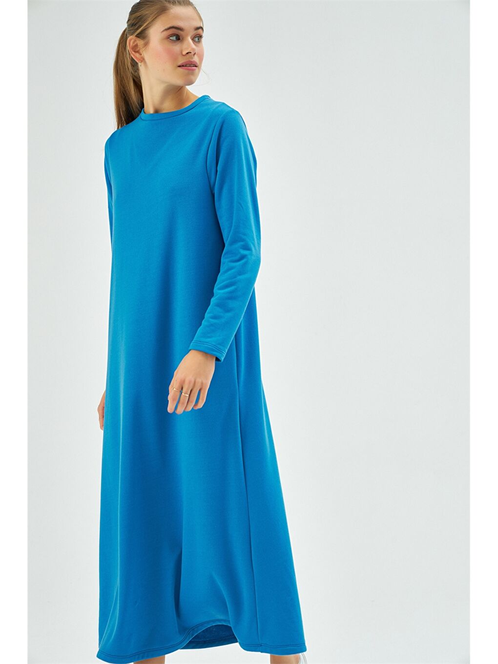 Turuncu Bisiklet Yaka Düz Uzun Kollu Kadın Elbise-1