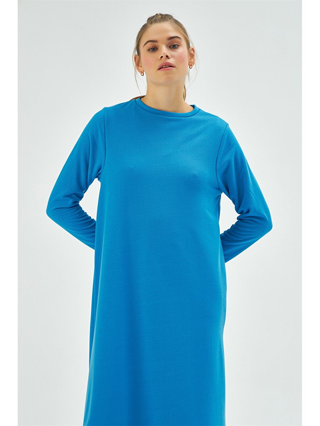 Turuncu Bisiklet Yaka Düz Uzun Kollu Kadın Elbise-2