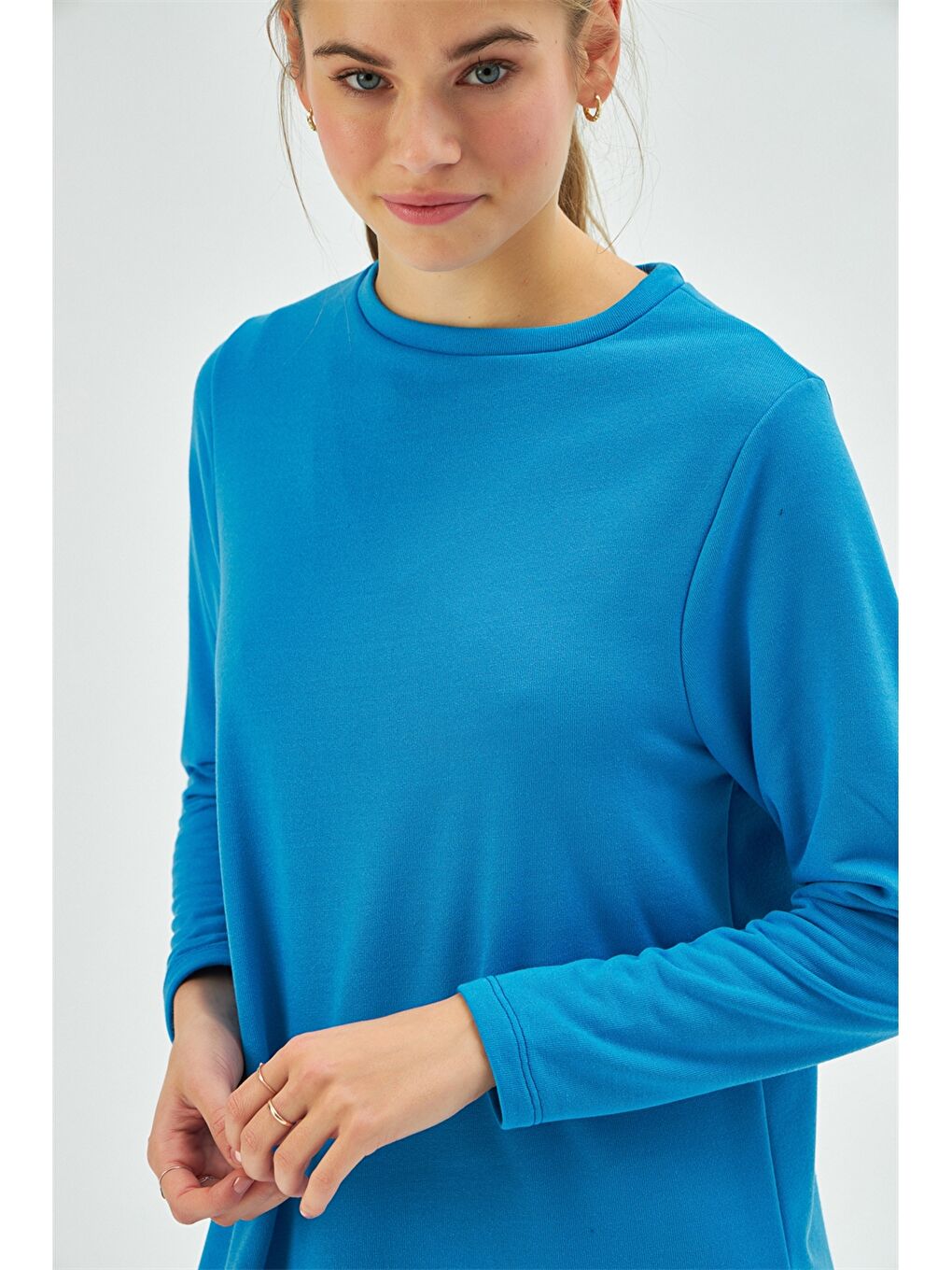 Turuncu Bisiklet Yaka Düz Uzun Kollu Kadın Elbise-3