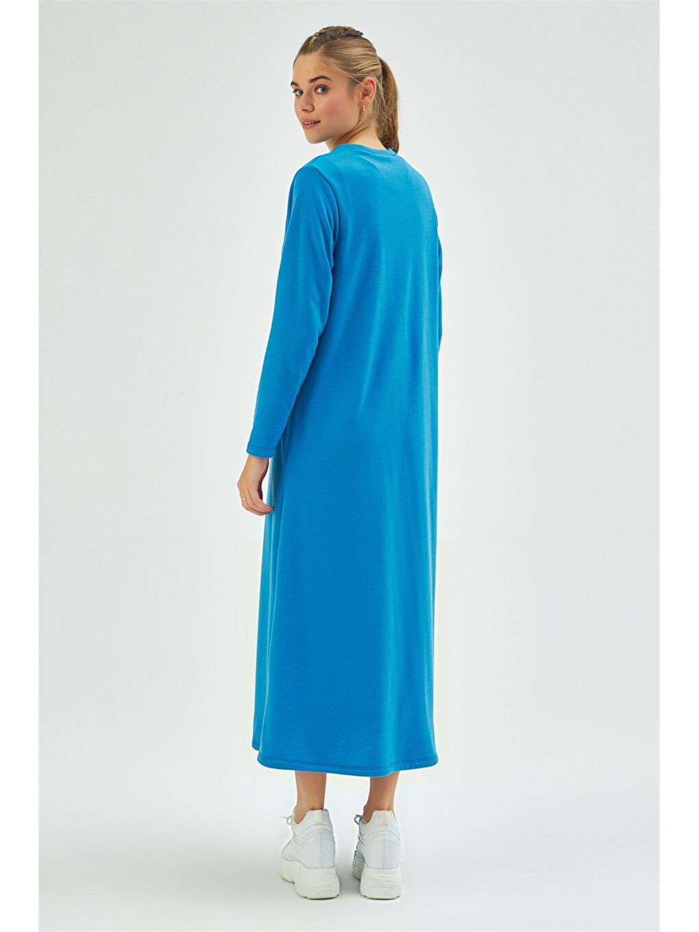 Turuncu Bisiklet Yaka Düz Uzun Kollu Kadın Elbise-4