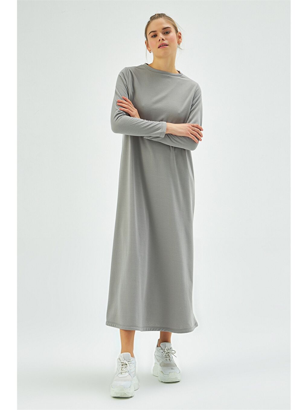 Antrasit Bisiklet Yaka Düz Uzun Kollu Kadın Elbise