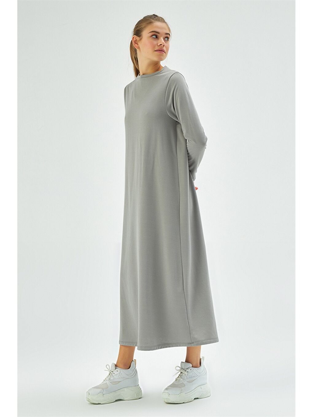 Antrasit Bisiklet Yaka Düz Uzun Kollu Kadın Elbise-1