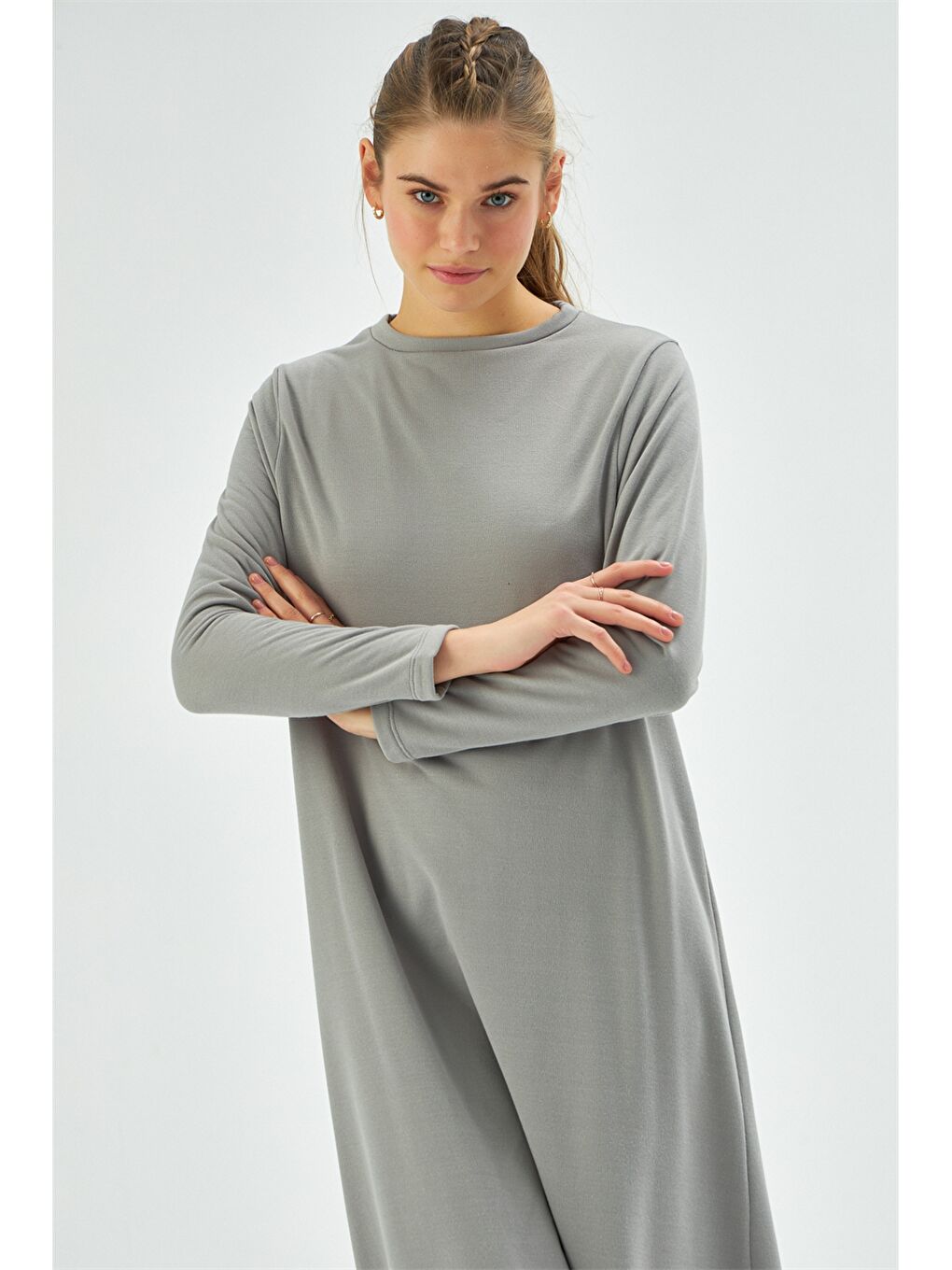 Antrasit Bisiklet Yaka Düz Uzun Kollu Kadın Elbise-2