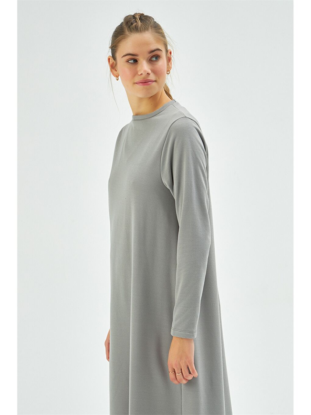 Antrasit Bisiklet Yaka Düz Uzun Kollu Kadın Elbise-3