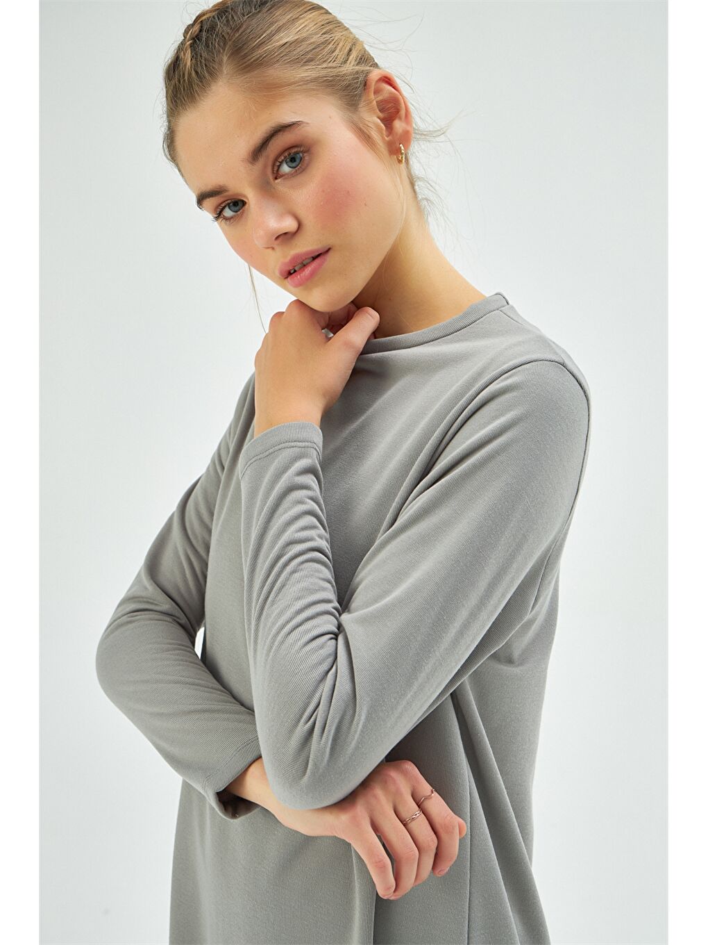 Antrasit Bisiklet Yaka Düz Uzun Kollu Kadın Elbise-4