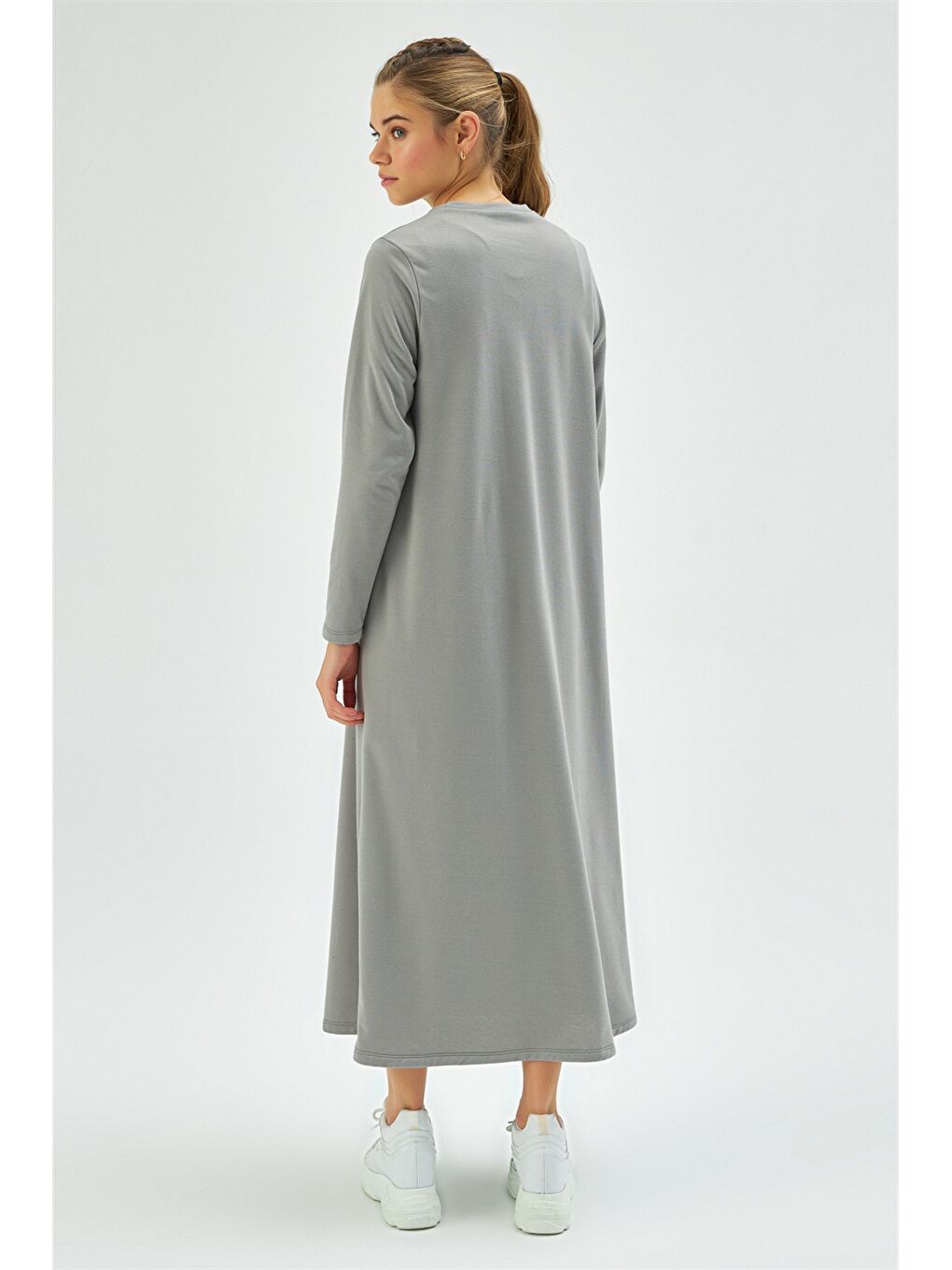 Antrasit Bisiklet Yaka Düz Uzun Kollu Kadın Elbise-5