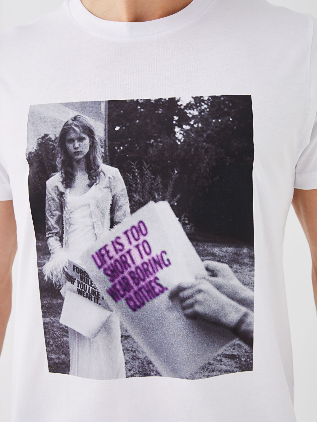 Beyaz Bisiklet Yaka Kısa Kollu Baskılı Erkek Tişört-3