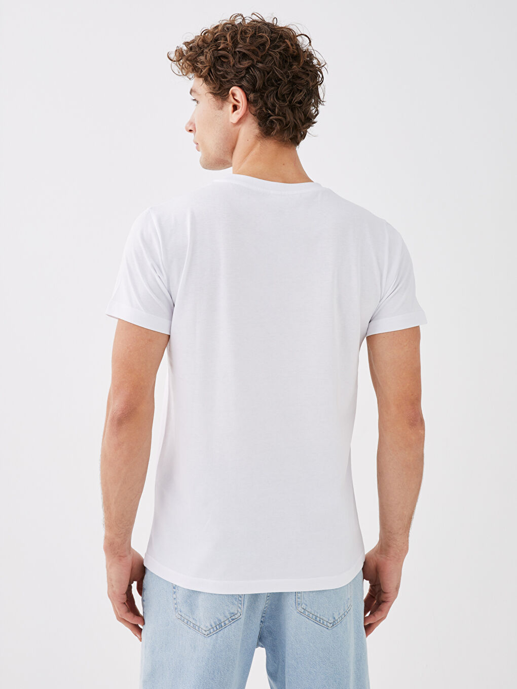 Beyaz Bisiklet Yaka Kısa Kollu Baskılı Erkek Tişört-4