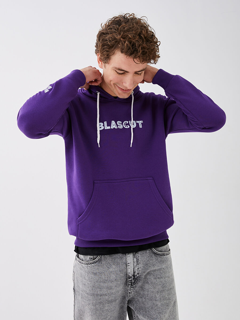 Mor Uzun Kollu Baskılı Erkek Hoodie