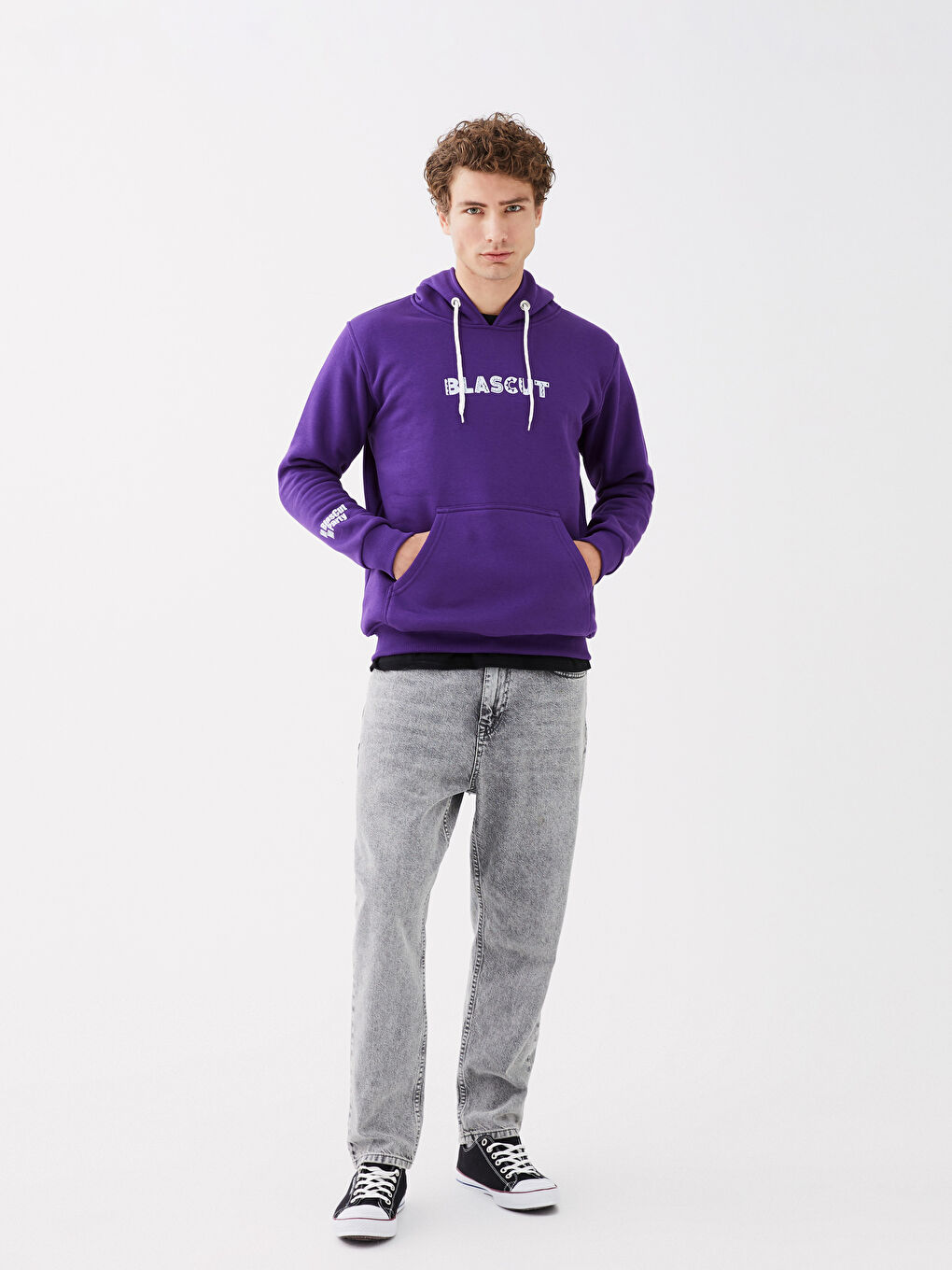 Mor Uzun Kollu Baskılı Erkek Hoodie-1