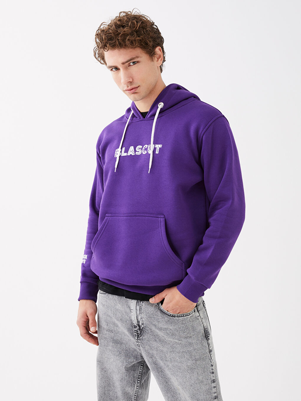 Mor Uzun Kollu Baskılı Erkek Hoodie-2