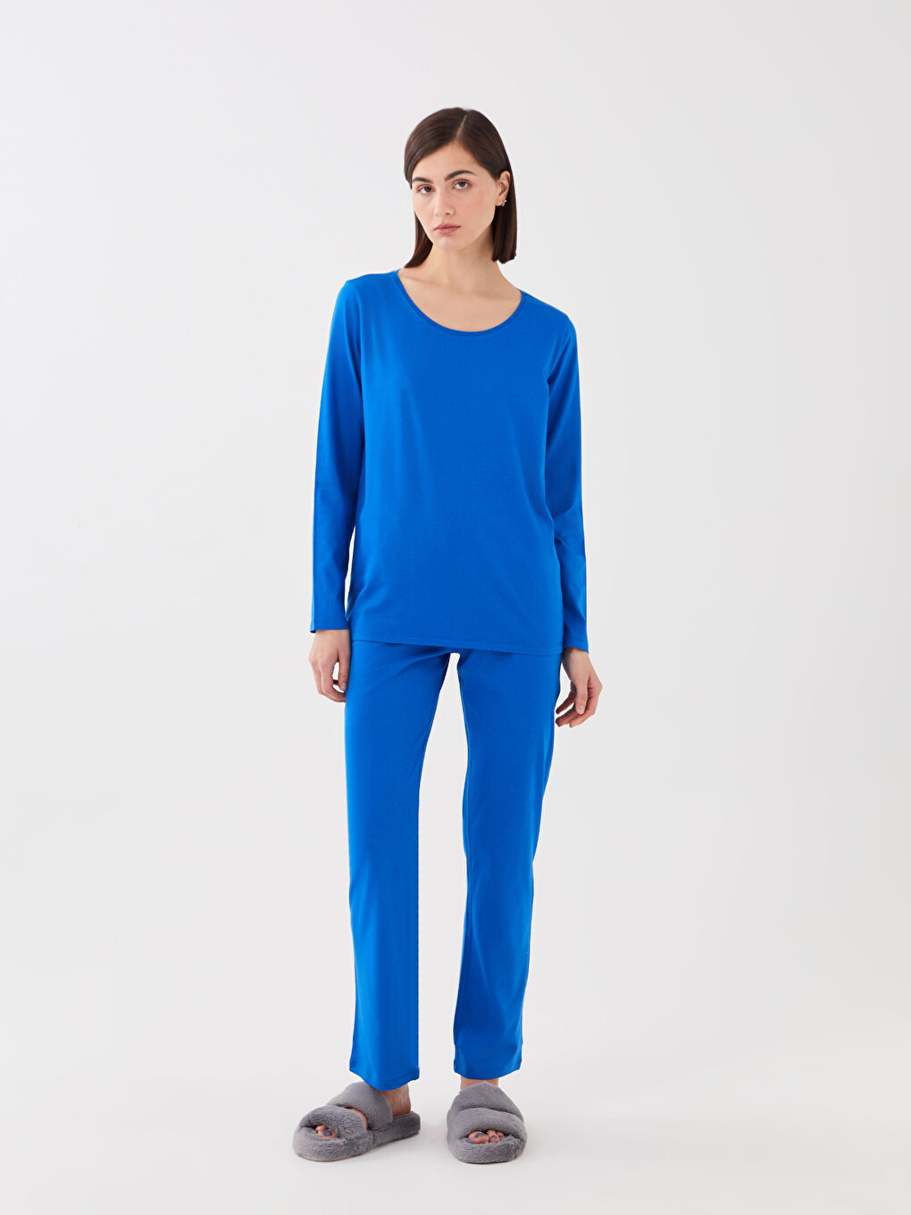 Crew Neck Plain Long Sleeve Women's Pyjama Set-1